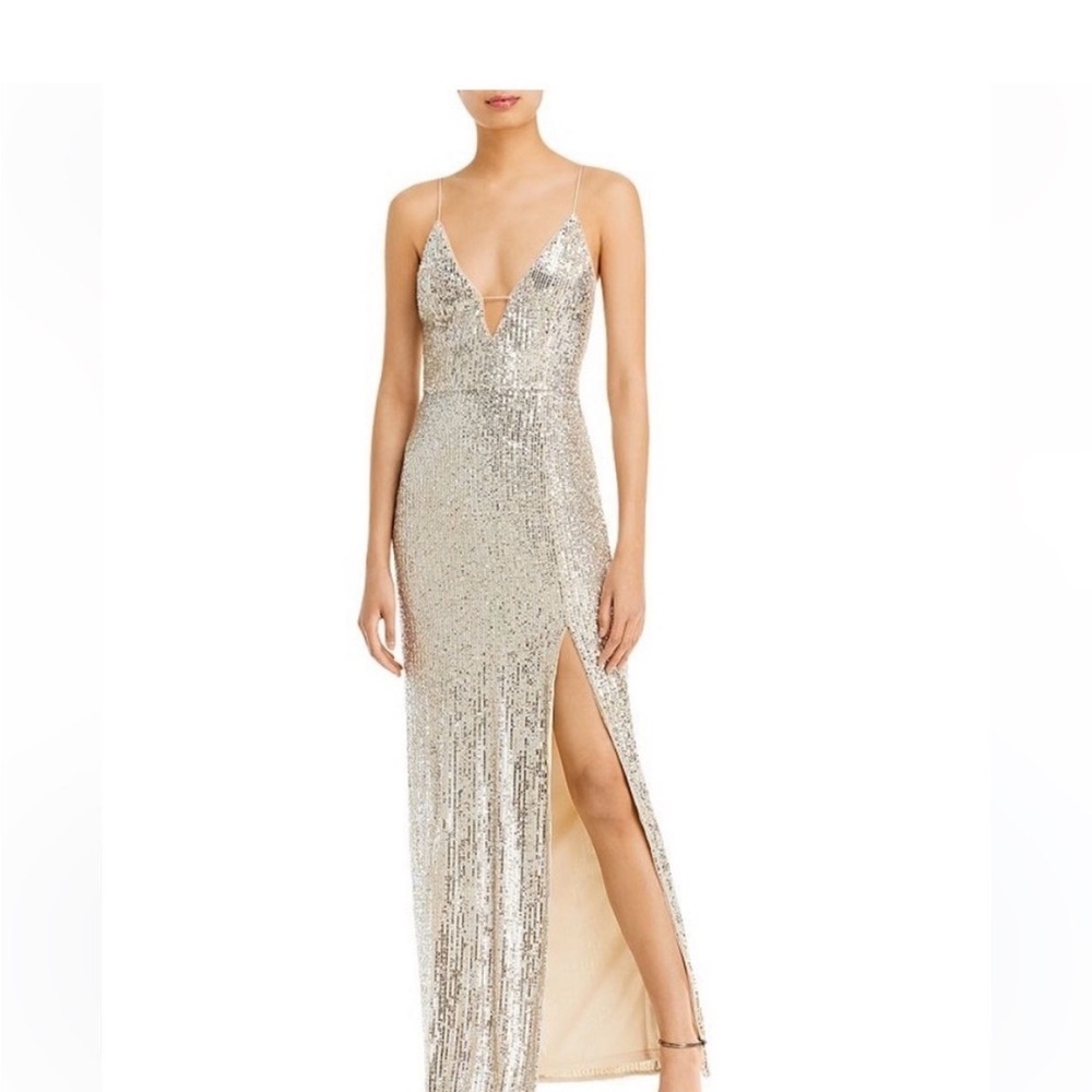 Aidan by Aidan Mattox || Sequined Column Gown Plunge Slit Gold Champagne 6